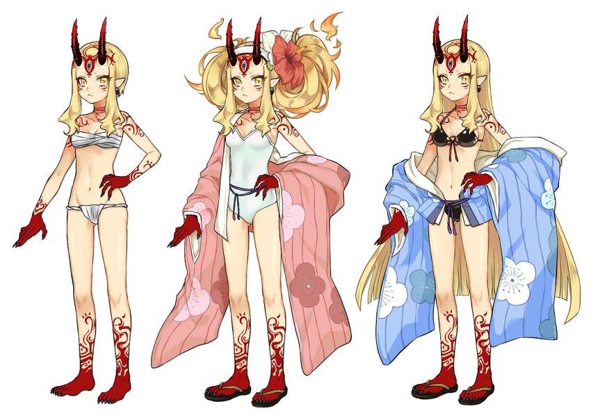 1girl bikini black_bikini blonde_hair breasts earrings facial_mark fate/grand_order fate_(series) fingernails flower forehead_mark fundoshi hair_flower hair_ornament hizuki_aya horns ibaraki_douji_(fate) ibaraki_douji_(swimsuit_lancer)_(first_ascension)_(fate) ibaraki_douji_(swimsuit_lancer)_(second_ascension)_(fate) japanese_clothes jewelry leotard long_hair oni_horns pointy_ears sandals sarashi sharp_fingernails sharp_toenails sidelocks simple_background slit_pupils small_breasts swimsuit toenails very_long_hair white_background yellow_eyes