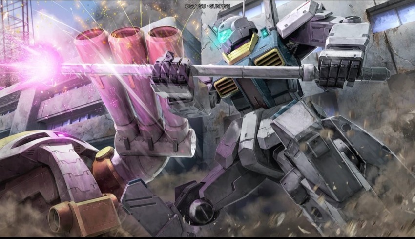arm_cannon artist_request battle beam_javelin blue_visor building cannon copyright_logo damaged debris dirty duel dust_cloud earth_federation fake_screenshot gm_iii gundam gundam_battle_operation_2 gundam_unicorn gundam_zz juaggu machinery mecha mecha_focus neo_zeon one-eyed radio_antenna realistic robot rocket_launcher ruins science_fiction sunrise_(company) weapon