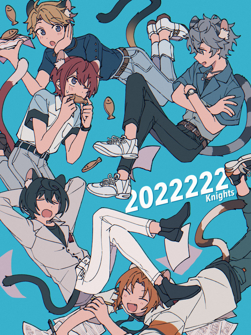 5boys animal_ears belt black_footwear blue_background breast_pocket chromatic_aberration collared_shirt crossed_arms crossed_legs denim eating ensemble_stars! floating food gradient_tail group_name highres invisible_chair jeans kemonomimi_mode male_focus multiple_boys narukami_arashi niyororinpayamaru pants paper pocket sakuma_ritsu sena_izumi_(ensemble_stars!) sheet_music shirt shoes simple_background sitting sneakers split_mouth striped_tail suou_tsukasa tail tsukinaga_leo white_footwear