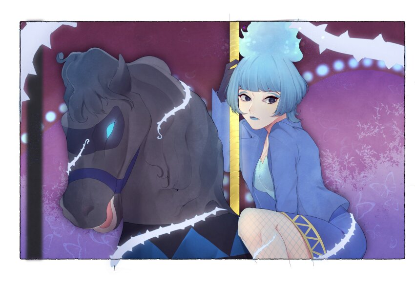 1girl animification black_gloves blue_fire blue_hair blue_lips carousel closed_mouth disney disneyland fiery_hair fire formal_clothes gloves hades_(disney) hercules_(1997_film) highres lipstick long_sleeves looking_at_viewer makeup ms._hades rl10_02 solo suit