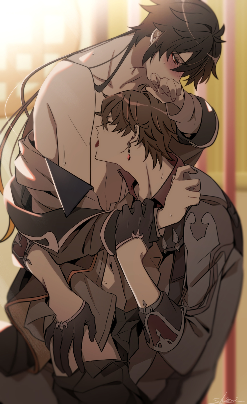 2boys absurdres bare_shoulders blush clothed_male_nude_male genshin_impact hand_on_another&#039;s_thigh hand_to_own_mouth highres licking_chest multiple_boys nude shisui53 tartaglia_(genshin_impact) yaoi zhongli_(genshin_impact)