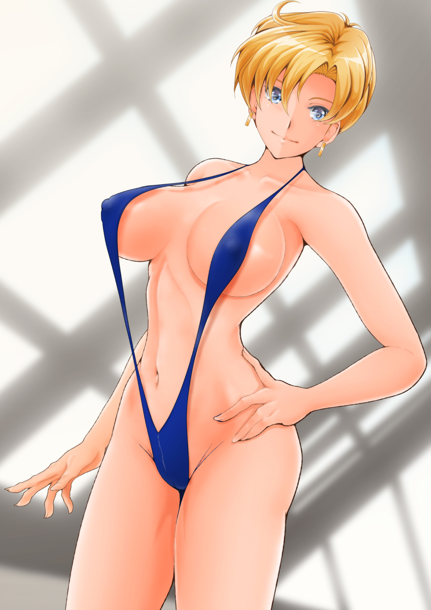 1girl absurdres bishoujo_senshi_sailor_moon blonde_hair blue_eyes blue_slingshot_swimsuit blush breasts cameltoe closed_mouth collarbone covered_erect_nipples earrings hand_on_own_hip highres indoors jewelry large_breasts looking_at_viewer nanashi_noiji navel sailor_uranus short_hair slingshot_swimsuit smile solo swimsuit ten&#039;ou_haruka