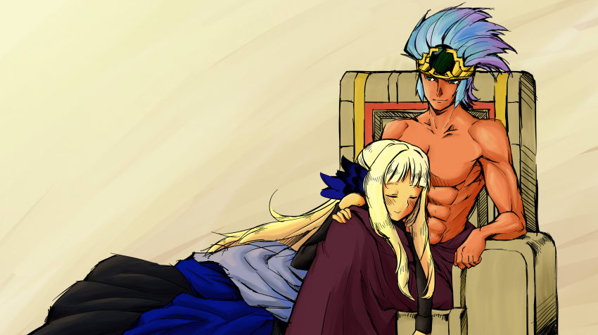 1boy 1girl abs absurdres blonde_hair blue_hair blush crown derivative_work detached_sleeves drawfag dress closed_eyes fate/zero fate_(series) feather_hair_ornament feathers ge-b gwendolyn_(odin_sphere) feather_hair_ornament headdress highres kawasumi_ayako lap_pillow muscular odin_sphere onyx onyx_(odin_sphere) parody voice_actor_connection seki_tomokazu sidelocks tan throne