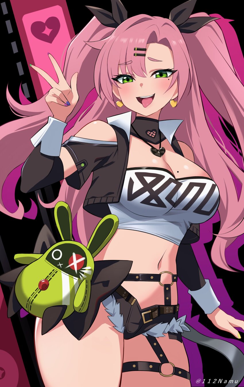 1girl :d absurdres bare_shoulders black_jacket black_shorts blush cowboy_shot green_eyes highres jacket long_hair long_sleeves looking_at_viewer midriff namu_(112namu) navel nicole_demara open_clothes open_jacket open_mouth pink_hair short_shorts shorts smile solo standing stomach strapless thighs tube_top two_side_up very_long_hair zenless_zone_zero