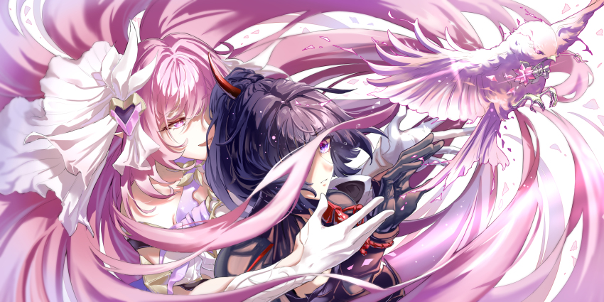 2girls :d absurdly_long_hair absurdres bare_shoulders bird black_gloves bridal_veil chinese_commentary commentary_request crystal_flower diamond-shaped_pupils diamond_(shape) elysia_(herrscher_of_human:_ego)_(honkai_impact) elysia_(honkai_impact) flower gloves hair_intakes highres honkai_(series) honkai_impact_3rd fake_horns long_hair looking_at_another multiple_girls one_eye_covered open_mouth parted_lips pink_flower pink_hair purple_eyes purple_hair raiden_mei_(danzai_spectramancer) raiden_mei_(orochi_cuirass) reaching reaching_towards_another sidelocks smile symbol-shaped_pupils upper_body veil very_long_hair white_bird white_gloves white_veil zhong_er_bing