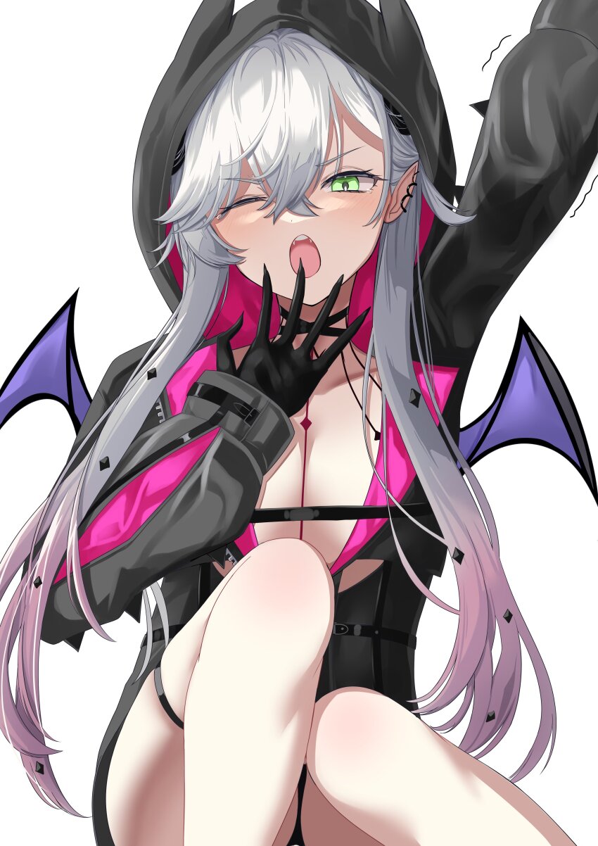 1girl absurdres black_hands black_jacket body_markings breasts choker cleavage colored_extremities crossed_bangs demon_girl demon_horns demon_wings ear_piercing fate/grand_order fate_(series) green_eyes grey_hair hair_between_eyes highres hood horns jacket lilith_(fate) lilith_(first_ascension)_(fate) long_hair long_sleeves looking_at_viewer low_twintails medium_breasts nigori_(keydoor) one_eye_closed open_mouth piercing solo thigh_strap thighs twintails wings