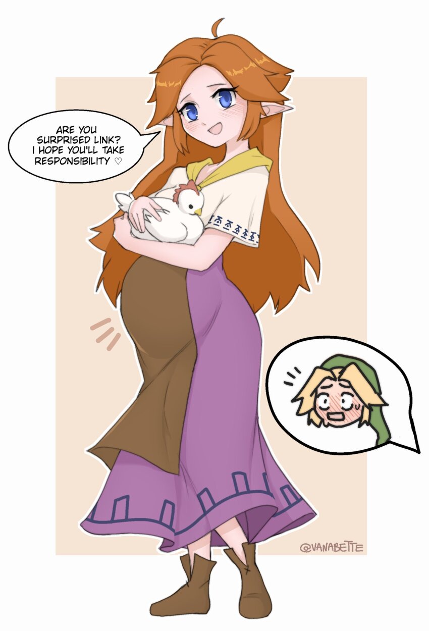 bird blush boots chicken dress highres link long_hair malon nintendo pregnant red_hair smile speech_bubble the_legend_of_zelda the_legend_of_zelda:_ocarina_of_time vanabette