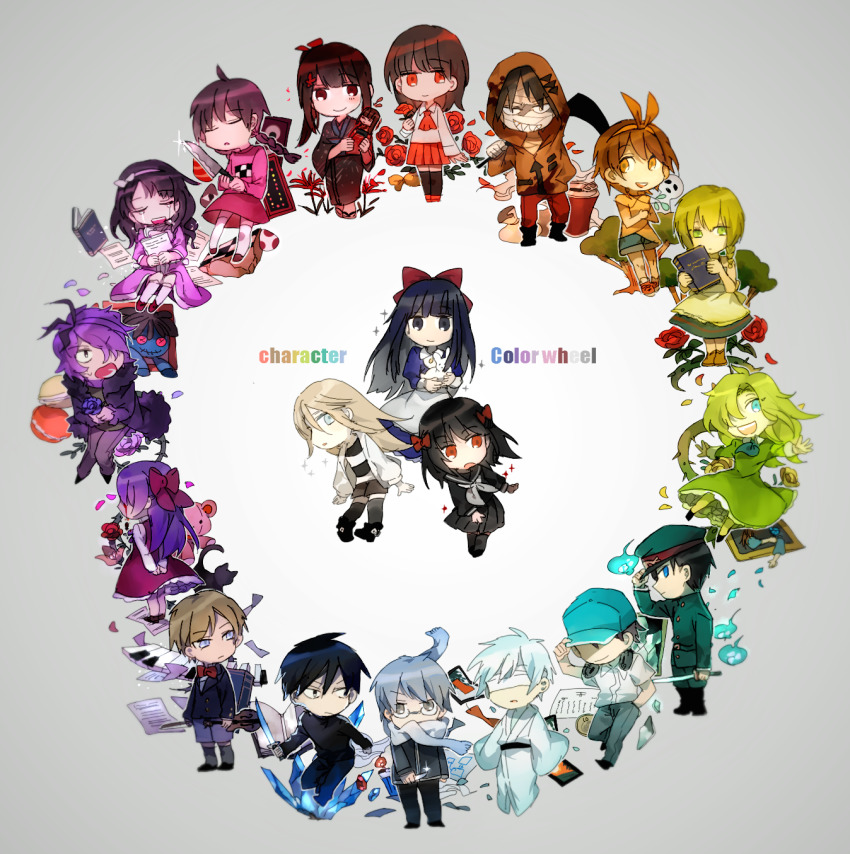 6+boys 6+girls :o arms_behind_back aya_drevis baseball_cap black_socks blue_headwear book bow braid brown_eyes brown_hair brown_jacket character_request chibi chloe_ardenne chloe_no_requiem closed_eyes coin crossover crying doll_(ib) dress ellen_(majo_no_ie) facing_away flower food garry_(ib) glasses gokuto_jihen green_dress green_eyes grey_eyes grey_hair hair_bow hair_over_one_eye hat highres himeno_mikoto hitodama holding holding_flower holding_sword holding_weapon hood ib_(ib) ib_(kouri) isaac_foster jacket japanese_clothes kaii_shoukougun kanzaki_shiori kimono kirisame_ga_furu_mori kirishima_(gokuto_jihen) kneehighs knife macaron mad_father madotsuki majo_no_ie mary_(ib) michel_d&#039;alembert military military_uniform mono_nen_sekai multiple_boys multiple_crossover multiple_girls newo_(shinra-p) orange_bow pants paper pink_skirt rachel_gardner red_bow red_eyes red_pants rose satsuriku_no_tenshi scarf scarf_over_mouth school_uniform scythe shirt skirt socks striped_clothes striped_shirt sword trait_connection viola_(majo_no_ie) weapon white_hair xueci_(mono_nen_sekai) yen yume_nikki