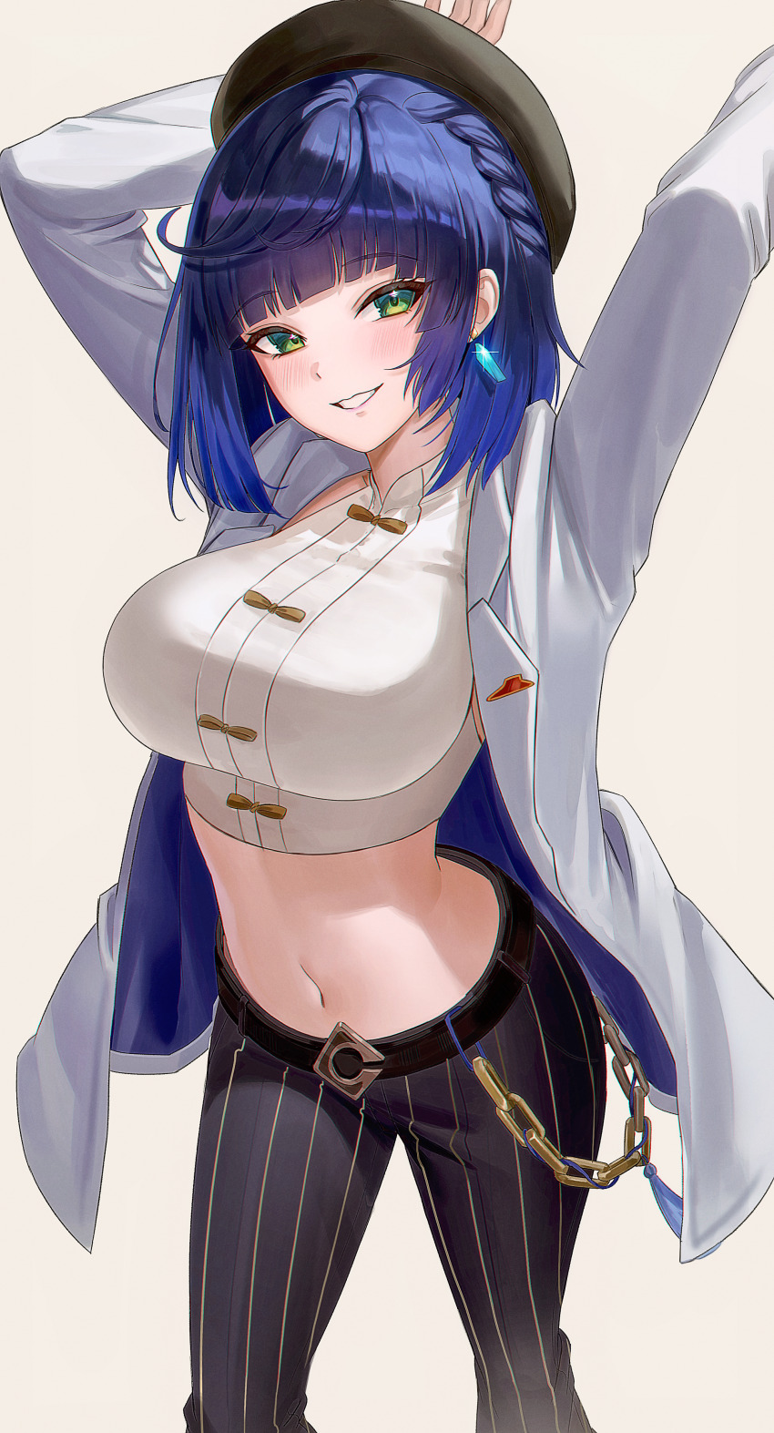 1girl absurdres alternate_costume arms_up belt beret black_hat black_pants blue_hair blunt_bangs braid breasts chain coat commentary_request commission crop_top earrings genshin_impact gradient_hair green_eyes grin hat highres impossible_clothes impossible_shirt jewelry korean_commentary large_breasts long_sleeves looking_at_viewer midriff mrr_05 multicolored_hair navel open_clothes open_coat pants second-party_source shirt short_hair simple_background sleeveless sleeveless_shirt smile solo stomach striped_clothes striped_pants white_background white_coat white_shirt wing_collar yelan_(genshin_impact) yelan_(pizza_hut)_(genshin_impact)