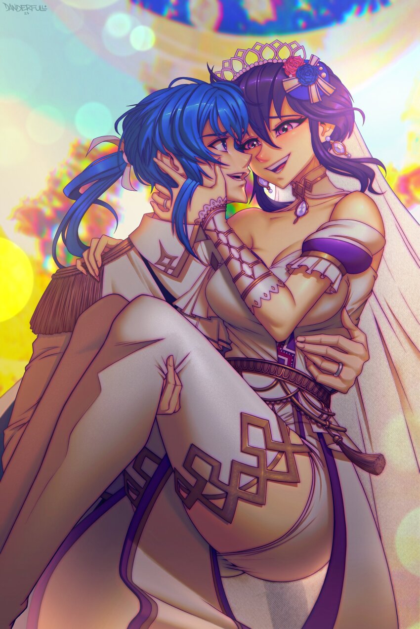 1boy 1girl absurdres black_hair blue_hair blush breasts bridal_veil bride carrying choker cleavage commission commissioner_upload couple danderfull dress earrings eye_contact face-to-face fire_emblem fire_emblem:_genealogy_of_the_holy_war fire_emblem_heroes formal_clothes groom hair_tie hand_on_another&#039;s_cheek hand_on_another&#039;s_face hetero highres husband_and_wife jewelry larcei_(bride_of_astra)_(fire_emblem) larcei_(fire_emblem) long_hair looking_at_another nintendo open_mouth pelvic_curtain ponytail princess_carry ring seliph_(fire_emblem) seliph_(light&#039;s_legacy)_(fire_emblem) short_hair sidelocks smile strapless strapless_dress suit thighhighs tiara vambraces veil wedding wedding_dress wedding_ring white_dress white_suit