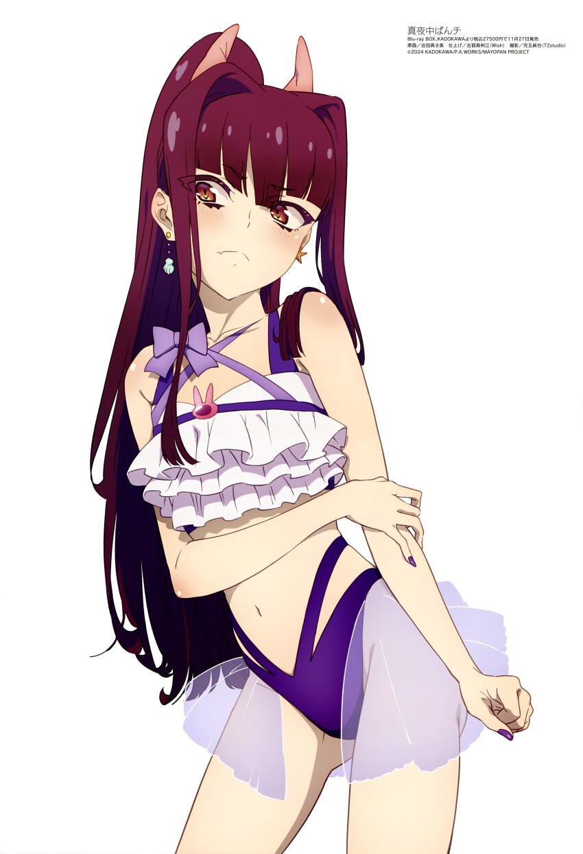 1girl absurdres bikini fang gouda_masami highres horns long_hair magazine_scan mayonaka_punch megami_magazine nail_polish official_art orange_eyes purple_nails purple_ribbon red_hair ribbon scan skin_fang swimsuit white_background yuki_(mayonaka_punch)