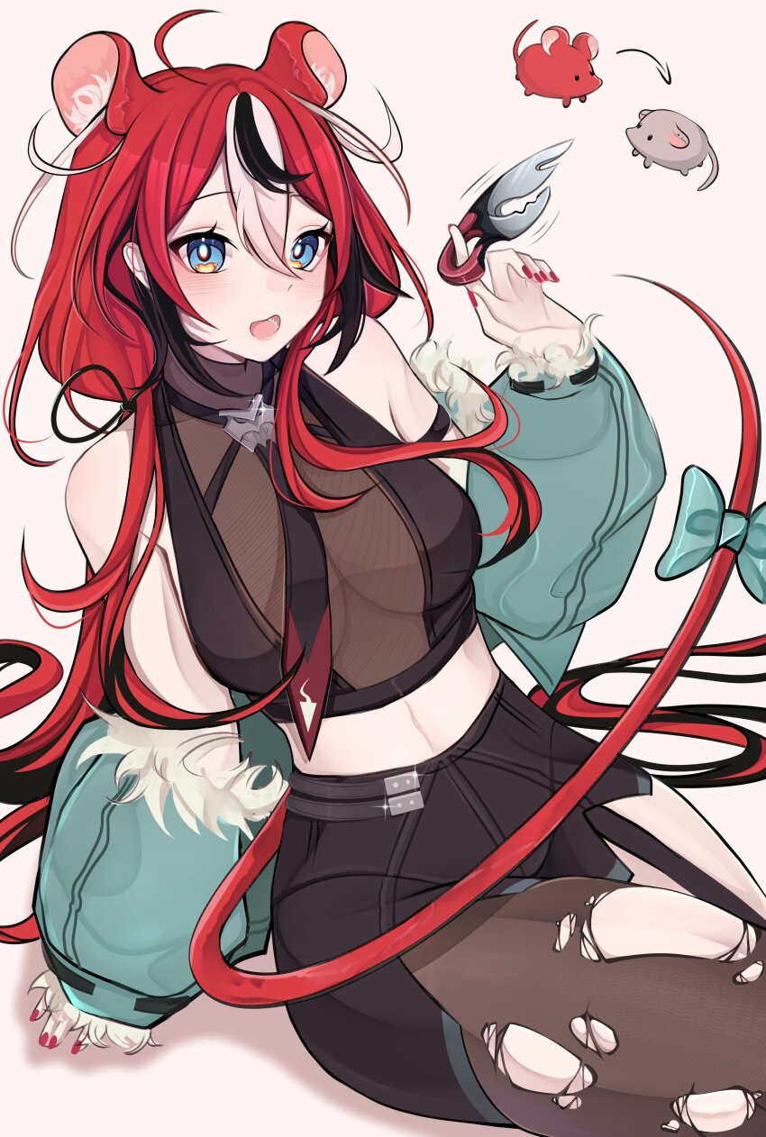 1girl absurdres ahoge animal_ear_fluff animal_ears bare_shoulders black_shorts black_streaks blue_bow blue_eyes blue_jacket bow breasts bright_pupils commentary cosplay cowboy_shot crop_top double-parted_bangs english_commentary fingernails fur-trimmed_jacket fur_trim garter_straps hair_between_eyes hakos_baelz high-waist_shorts highres holding holding_weapon hololive hololive_english jacket jacket_partially_removed jane_doe_(zenless_zone_zero) jane_doe_(zenless_zone_zero)_(cosplay) long_hair long_tail looking_at_viewer medium_breasts midriff mouse_ears mouse_girl mouse_tail mr._squeaks_(hakos_baelz) multicolored_hair nail_polish open_mouth pantyhose red_hair red_nails rosheil see-through_clothes short_sleeves shorts simple_background single_garter_strap single_leg_pantyhose sitting smile solo streaked_hair tail tail_bow tail_ornament torn_clothes torn_pantyhose virtual_youtuber weapon white_background white_pupils white_streaks zenless_zone_zero