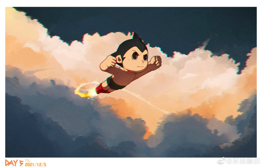 1boy absurdres atom_(tetsuwan_atom) black_eyes black_hair black_shorts border chromatic_aberration clenched_hands cloud dailang12345 fire flying full_body highres male_focus outdoors red_footwear shorts sky solo tetsuwan_atom topless_male white_border