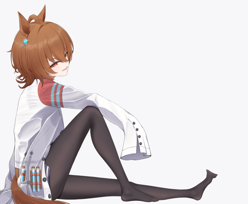 1girl agnes_tachyon_(umamusume) ahoge animal_ears arm_on_knee black_thighhighs brown_hair chemical_structure earrings feet highres horse_ears horse_girl horse_tail jewelry lab_coat looking_at_viewer medium_hair open_mouth pantyhose red_eyes single_earring sitting sleeves_past_fingers sleeves_past_wrists solo squinting sweater tail test_tube thighhighs thighs umamusume white_background wolf_cut yellow_sweater yuzuki3280