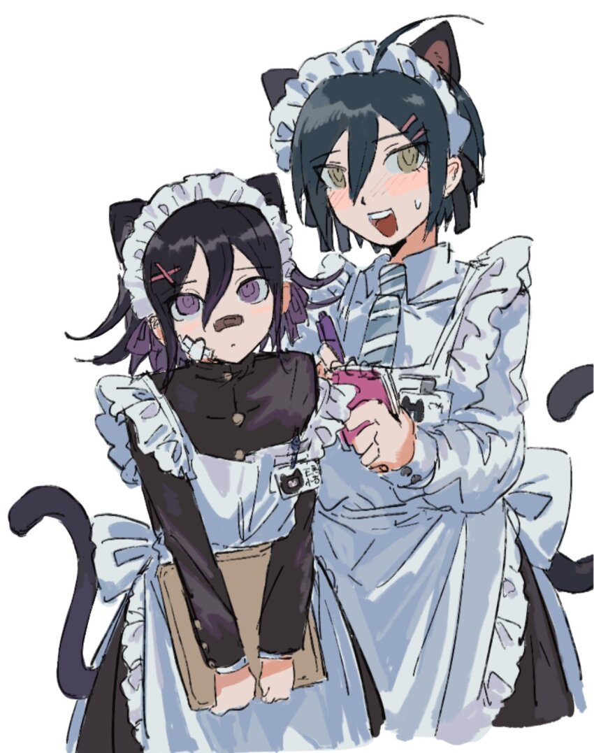 2boys ahoge alternate_costume animal_ears apron bandaid bandaid_on_face bandaid_on_nose beluckylucky black_dress black_hair blush buttons cat_boy cat_ears cat_tail commentary_request crossdressing danganronpa_(series) danganronpa_v3:_killing_harmony dress enmaided eyelashes flipped_hair frilled_apron frills hair_between_eyes hair_ornament height_difference highres holding holding_tray long_sleeves looking_at_viewer maid maid_apron maid_headdress male_focus male_maid medium_hair multiple_boys oma_kokichi open_mouth purple_eyes purple_hair ringed_eyes saihara_shuichi short_hair smile tail trap tray upper_body white_apron white_background