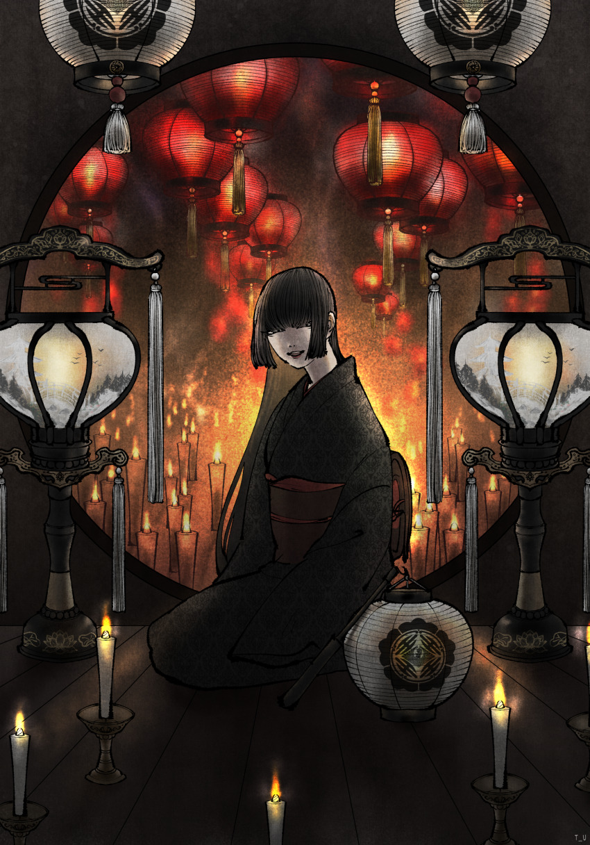 1girl absurdres black_hair black_kimono blunt_bangs candle candlelight candlestand closed_eyes facing_viewer fire floating floating_object hanging_lantern highres hime_cut indoors japanese_clothes kimono lantern lipstick long_hair makeup moon_gate night obi obon on_floor original paper_lantern parted_lips sash seiza sidelocks sitting sky_lantern smile solo straight_hair tassel tian-you99 very_long_hair wooden_floor