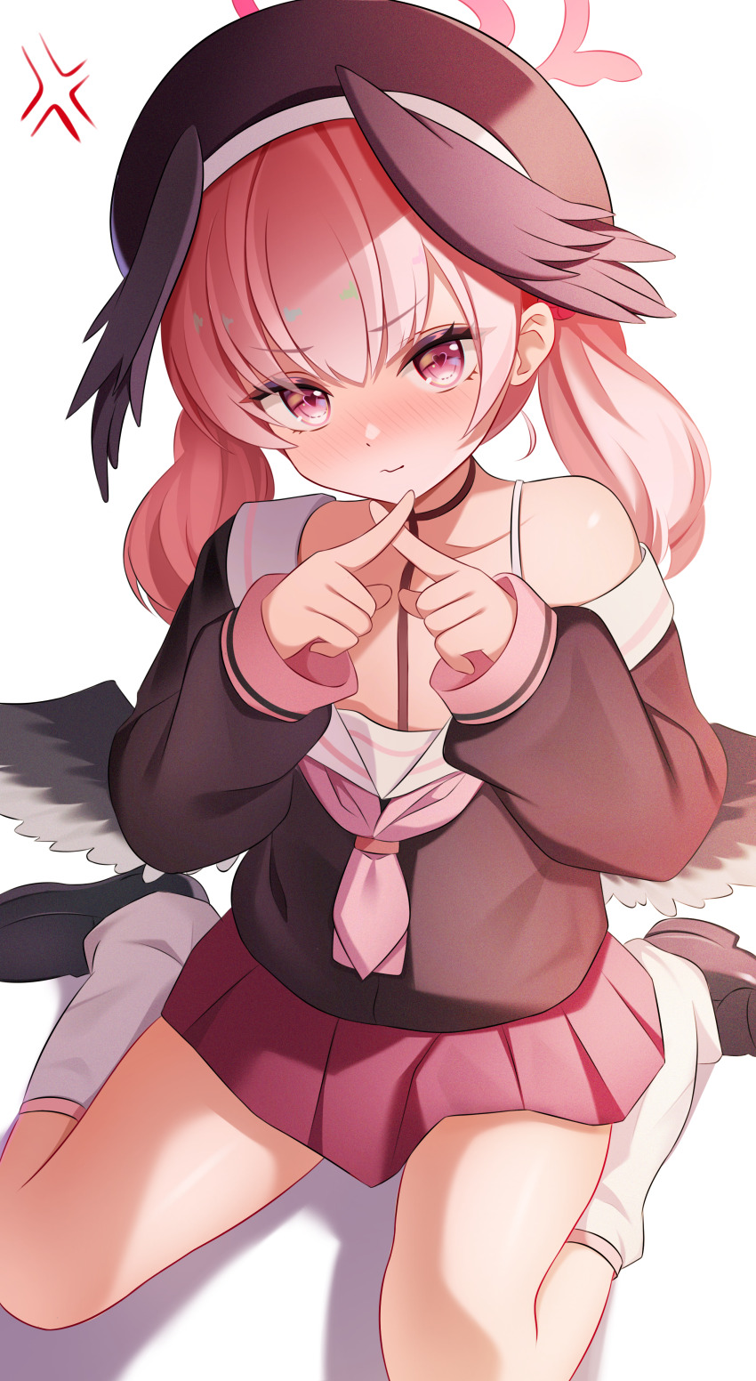 1girl absurdres anger_vein black_shoes black_wings blue_archive bra_strap chijiandeyusang commentary_request crossed_fingers halo head_wings heart heart-shaped_pupils highres kneehighs koharu_(blue_archive) long_sleeves looking_at_viewer pink_eyes pink_hair pink_halo pink_skirt pleated_skirt shadow shoes simple_background single_bare_shoulder sitting skirt socks solo symbol-shaped_pupils twintails wariza white_background white_socks wings