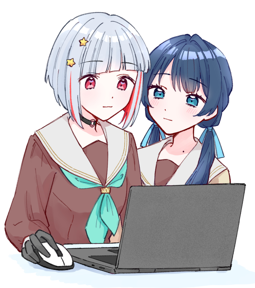 2girls aqua_neckerchief black_choker black_gloves blue_eyes blue_hair blue_ribbon blush bob_cut breasts brown_cardigan brown_dress cardigan choker closed_mouth colored_inner_hair commentary computer diagonal_bangs dollchestra dress gloves grey_hair hair_ornament hair_ribbon hasu_no_sora_school_uniform highres holding_computer_mouse inverted_bob laptop light_smile link!_like!_love_live! long_hair long_sleeves love_live! low_twintails mole mole_on_neck multicolored_hair multiple_girls murano_sayaka neckerchief o-ring o-ring_choker open_cardigan open_clothes red_eyes red_hair ribbon sailor_collar sailor_dress school_uniform short_hair simple_background small_breasts star_(symbol) star_hair_ornament streaked_hair symbol-only_commentary twintails virtual_youtuber white_background white_sailor_collar winter_uniform yugiri_tsuzuri zangemiya