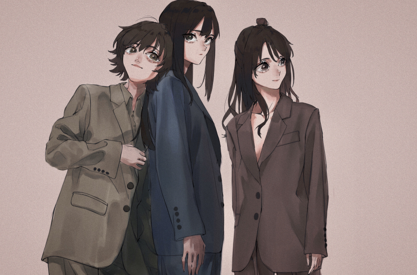 3girls absurdres alternate_costume black_hair brown_hair collarbone expressionless formal_clothes highres honda_mio idolmaster idolmaster_cinderella_girls light_smile looking_afar looking_at_viewer multiple_girls new_generations_(idolmaster) no_shirt oversized_clothes shibuya_rin shimamura_uzuki shuna_(rain_ball47) simple_background suit upper_body