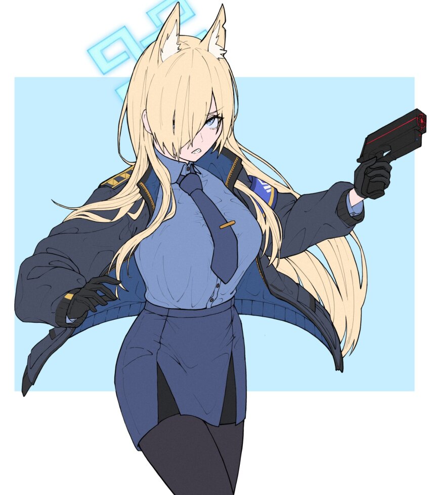 1girl animal_ear_fluff animal_ears armband black_gloves blonde_hair blue_archive blue_armband blue_halo blue_necktie blue_shirt breasts dog_ears extra_ears gloves gun hair_over_one_eye halo handgun highres holding holding_gun holding_weapon izumo_(ton_63) jacket kanna_(blue_archive) large_breasts long_hair long_sleeves looking_at_viewer necktie notched_ear police police_uniform policewoman sharp_teeth shirt simple_background solo teeth tie_clip weapon