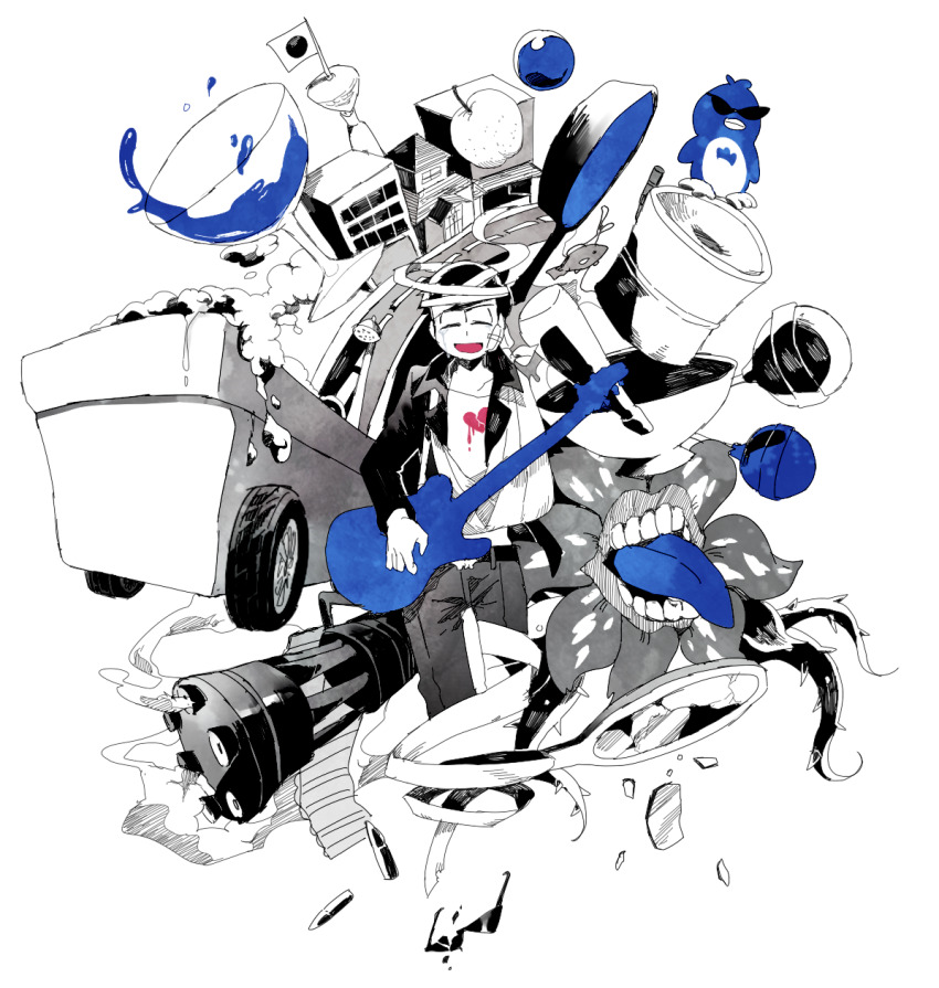 1boy arm_sling bandaged_head bandages bathtub bird blue_theme bowl broken_eyewear broken_mirror candy closed_eyes cup dobusu_(osomatsu-san) drinking_glass food fruit glass_shards guitar gun highres holding holding_instrument instrument japanese_flag lollipop machine_gun male_focus matsuno_karamatsu mirror newo_(shinra-p) open_mouth osomatsu-san osomatsu_(series) pear penguin plant plant_monster smile spot_color sunglasses unconventional_vehicle vines weapon wine_glass