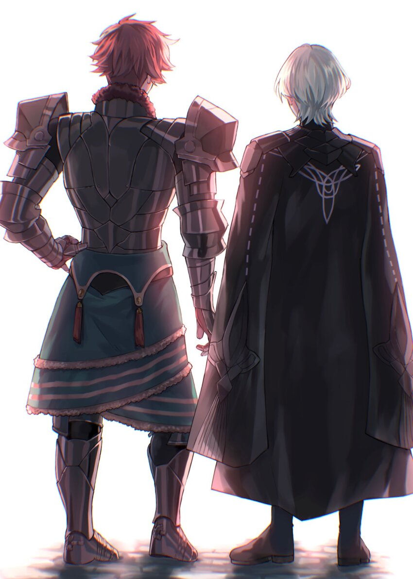 2boys armor black_cape black_gorget boots breastplate cape commentary_request fire_emblem fire_emblem:_three_houses from_behind full_body fur-trimmed_collar fur_trim gorget green_hair hand_on_own_hip highres male_byleth_(enlightened)_(fire_emblem) male_byleth_(fire_emblem) male_focus multiple_boys nintendo pauldrons red_fur red_hair reraraerimaki shoulder_armor standing sylvain_jose_gautier sylvain_jose_gautier_(timeskip) white_background wolf_cut