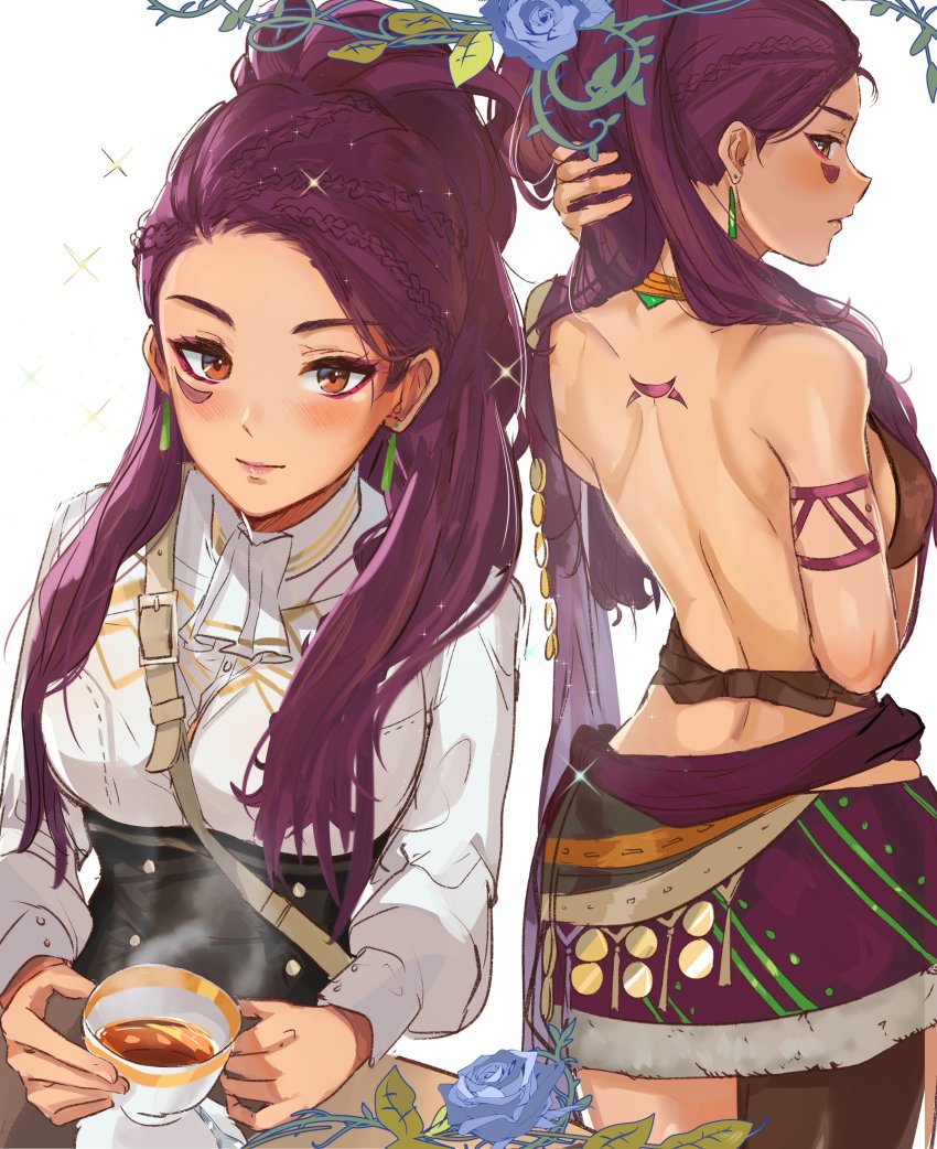 1girl absurdres ass back back_tattoo braid breasts dark-skinned_female dark_skin facial_mark fire_emblem fire_emblem:_three_houses highres long_hair looking_at_viewer medium_breasts multiple_braids multiple_views nintendo ormille petra_macneary petra_macneary_(timeskip) ponytail purple_hair school_uniform side_ponytail single_braid skirt smile tattoo tea tribal