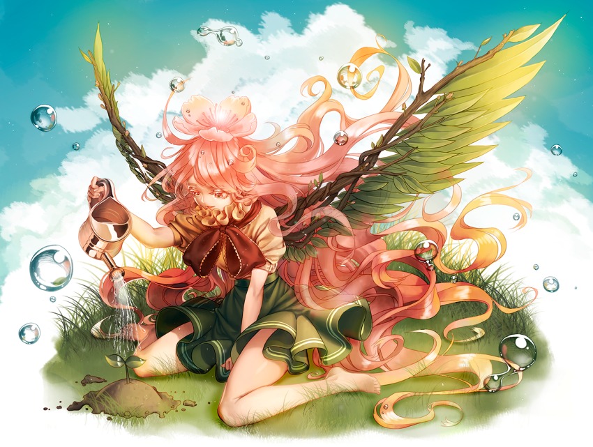 1girl absurdly_long_hair barefoot between_legs blue_sky cloud colored_eyelashes day female_focus flower full_body grass green_skirt hair_flower hair_ornament hand_between_legs lantam leaf_wings long_hair looking_down original outdoors pink_eyes pink_hair short_sleeves sitting skirt sky solo sprout very_long_hair wariza water_drop watering_can wings