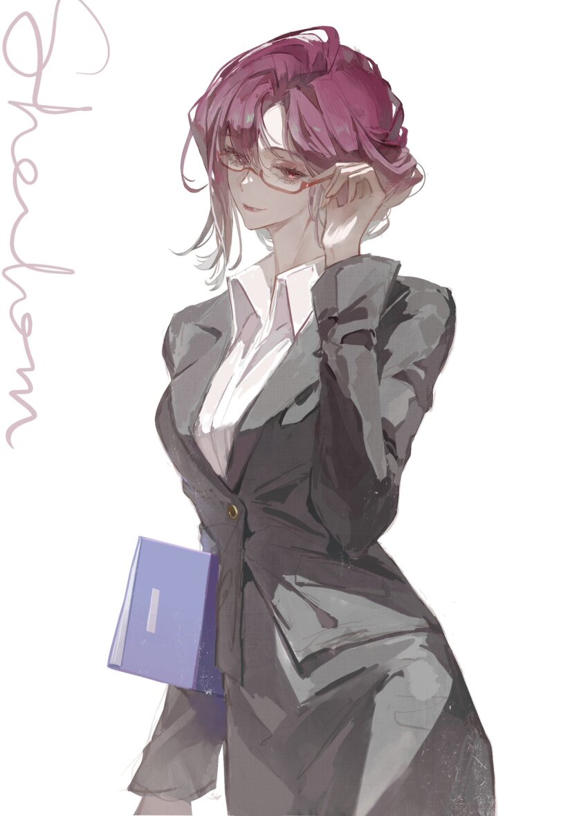 1girl adjusting_eyewear alternate_costume asymmetrical_bangs black_jacket black_skirt character_signature chinese_commentary collared_shirt commentary dress_shirt folder formal_clothes from_side gradient_hair high-waist_skirt highres jacket long_sleeves looking_at_viewer looking_to_the_side ludibianyuan multicolored_hair path_to_nowhere purple_hair rectangular_eyewear red-framed_eyewear red_eyes semi-rimless_eyewear shalom_(path_to_nowhere) shirt simple_background skirt smile solo suit suit_jacket updo upper_body white_background white_shirt