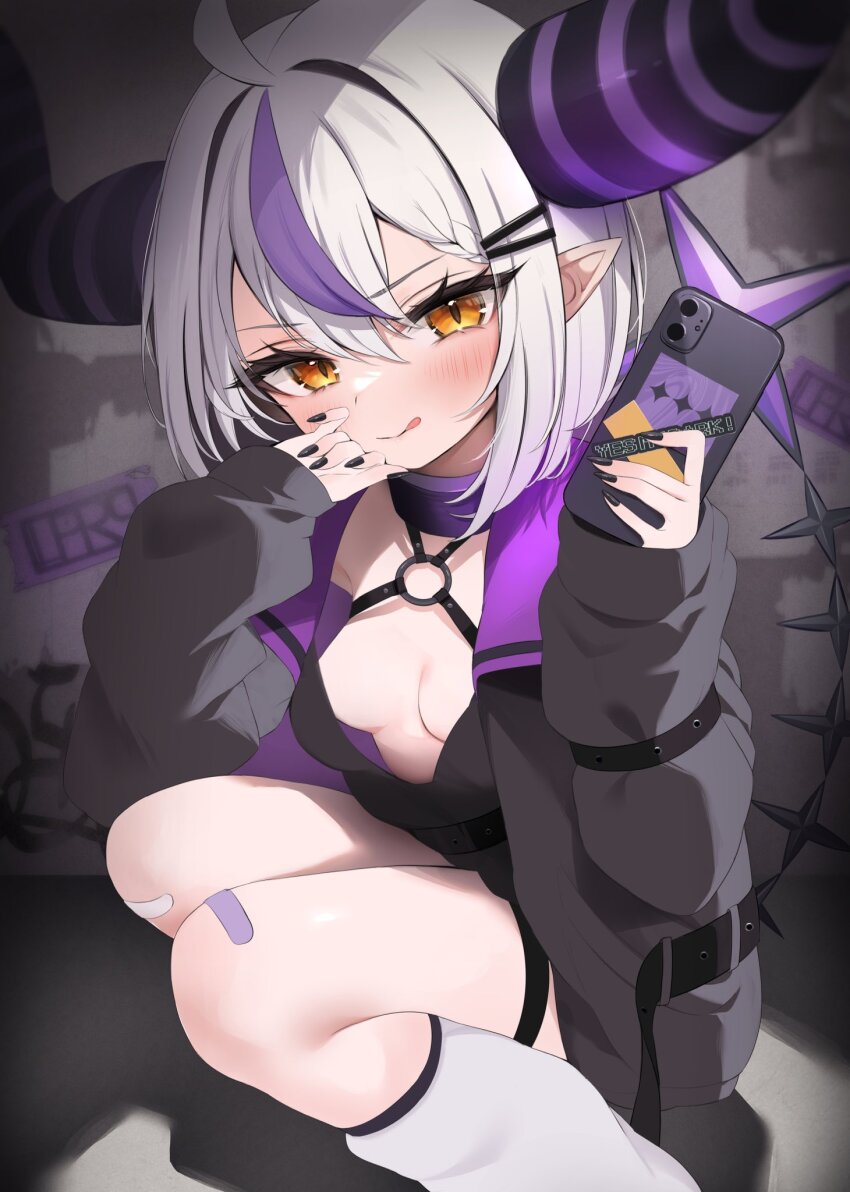 ahoge armpit_peek armpits bandage_on_knee bandages black_horns blurry blurry_background blush breasts breasts_apart cellphone collar demon_horns hair_ornament hairclip highres holding holding_phone hololive horns iphone jacket kneehighs la+_darknesss licking_lips light_smile long_sleeves multicolored_hair multicolored_horns namagome_negi no_bra open_clothes open_jacket orange_eyes phone purple_bandages purple_collar purple_hair purple_horns purple_nails revealing_clothes shade slit_pupils small_breasts smartphone smile socks squatting streaked_hair thigh_strap thighs tongue tongue_out two-tone_horns virtual_youtuber white_hair white_socks