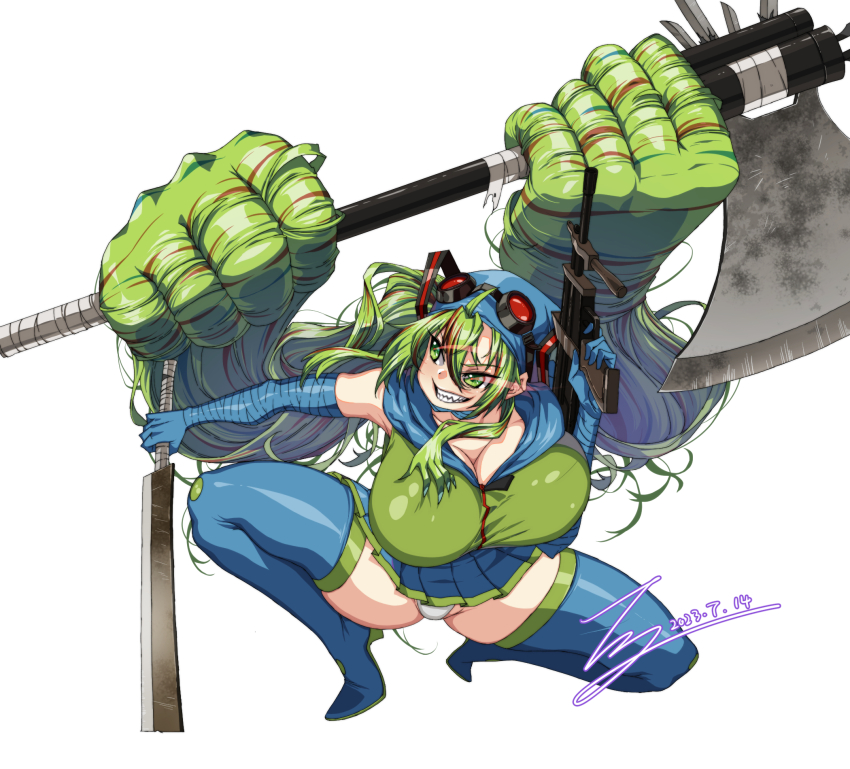 1girl absurdly_long_hair arm_wrap assault_rifle axe bandaged_neck bandages battle_axe blue_boots blue_hair blue_headwear blue_skirt boots breasts bullpup cleavage commentary commission crossover dated english_commentary eye_trail finger_on_trigger full_body goggles goggles_on_head green_eyes green_hair green_vest grin gun hair_ornament hair_weapon hand_wraps hank_miku hatsune_miku high_heel_boots high_heels highres holding holding_gun holding_sword holding_weapon huge_breasts l85 light_trail long_hair looking_to_the_side machete madness_combat multicolored_hair original panties pantyshot pixiv_commission pleated_skirt prehensile_hair rantia red-tinted_eyewear red_hair red_pupils rifle sharp_teeth signature simple_background skindentation skirt smile solo squatting streaked_hair sword teeth thick_thighs thigh_boots thighs tinted_eyewear triple_wielding underwear very_long_hair vest vocaloid weapon white_background white_panties zipper_pull_tab