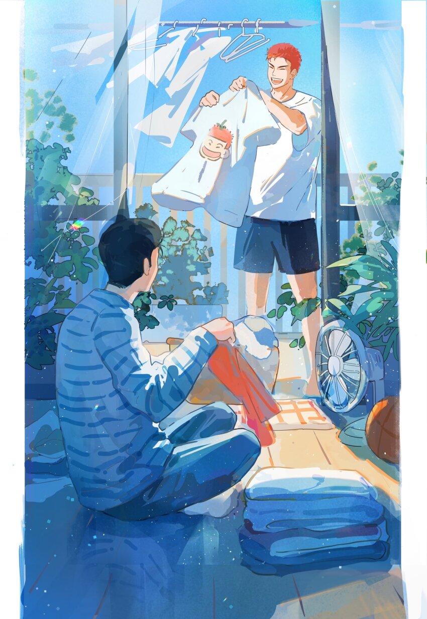2boys blue_sky blue_theme clothes_hanger curtains day electric_fan floating_curtains folding_clothes full_body highres holding holding_shirt holding_unworn_clothes male_focus mito_youhei multiple_boys nanikoreee9 plant pompadour print_shirt red_hair reflective_floor sakuragi_hanamichi shirt sitting sky slam_dunk_(series) smile unworn_shirt