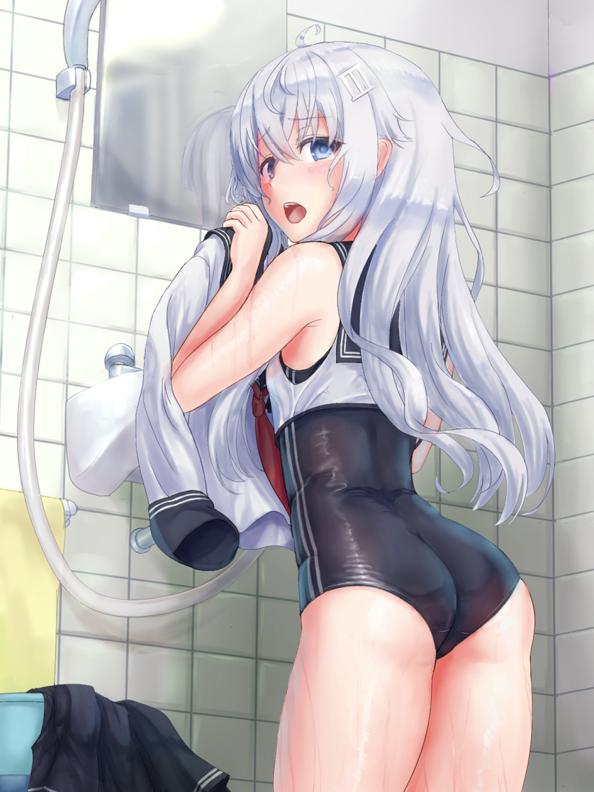 1girl ahoge alternate_costume ass bathroom blue_eyes blush commentary_request cosplay em_s hair_ornament hairclip hibiki_(kancolle) highres indoors kantai_collection long_hair looking_at_viewer looking_back mirror one-piece_swimsuit open_mouth ro-500_(kancolle) ro-500_(kancolle)_(cosplay) sailor_collar school_swimsuit school_uniform shower_head silver_hair solo swimsuit swimsuit_under_clothes tile_wall tiles wet wet_clothes