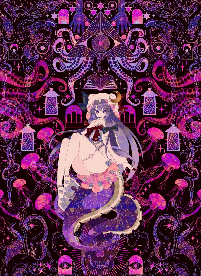 1girl absurdres blue_bow boku_(isizakitakasi) bow bright_pupils crescent crescent_hat_ornament dress grey_shoes hat hat_ornament highres jellyfish knees_up long_hair mob_cap neck_ribbon patchouli_knowledge pink_hat purple_dress purple_eyes purple_hair purple_theme red_ribbon ribbon shoes skindentation skull socks solo striped_clothes striped_dress suction_cups tentacles touhou very_long_hair white_pupils white_socks