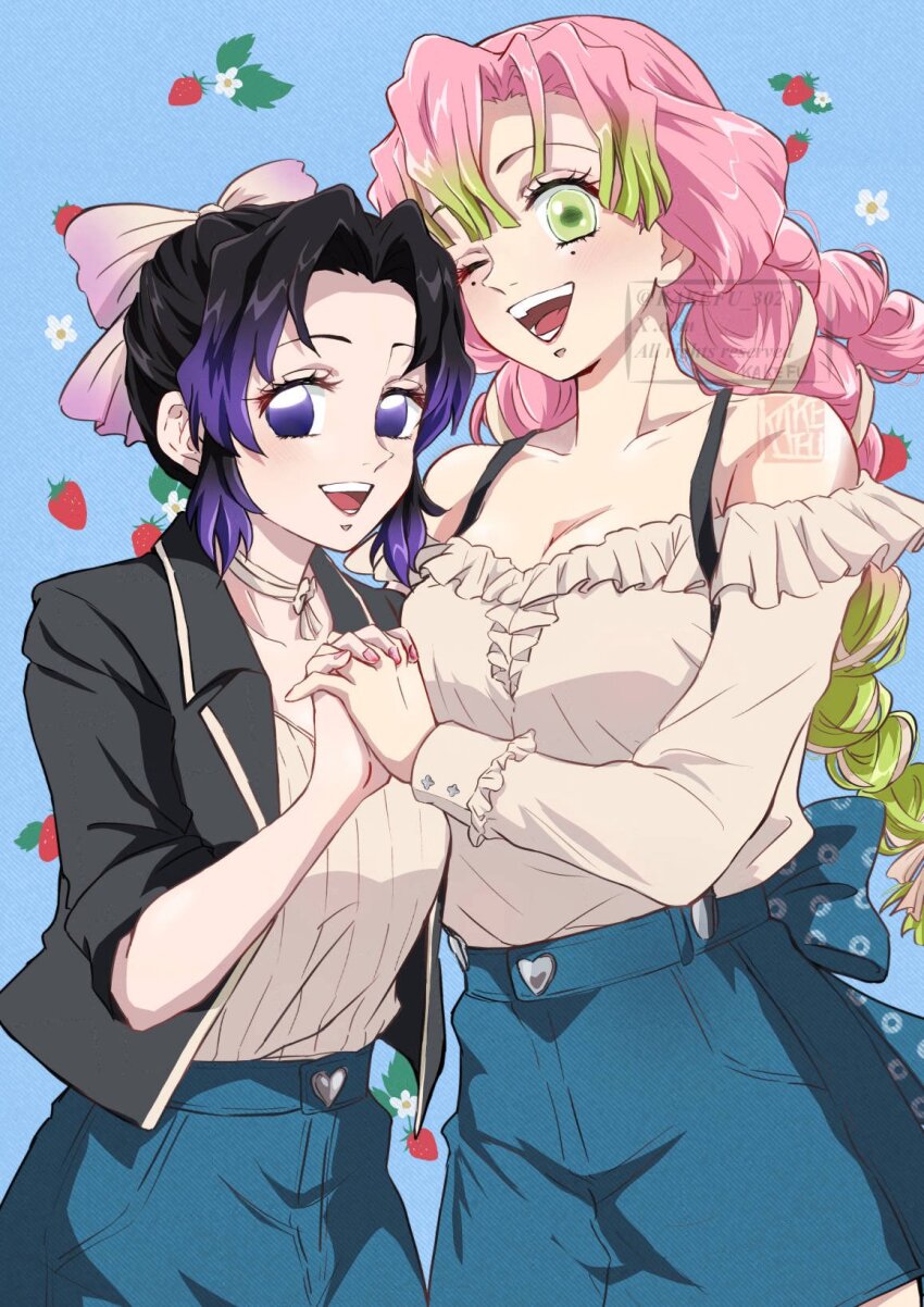 2girls alternate_costume bare_shoulders black_hair blue_background blue_skirt bow breasts collarbone commentary_request cowboy_shot food fruit fruit_background gradient_hair green_eyes green_hair hair_bow highres holding_hands kakefu_302 kanroji_mitsuri kimetsu_no_yaiba kochou_shinobu long_sleeves looking_at_viewer medium_breasts mole mole_under_eye multicolored_hair multiple_girls no_pupils off-shoulder_shirt off_shoulder one_eye_closed open_mouth parted_bangs pink_hair purple_eyes purple_hair shirt short_hair skirt sleeves_rolled_up smile strawberry two-tone_hair watermark