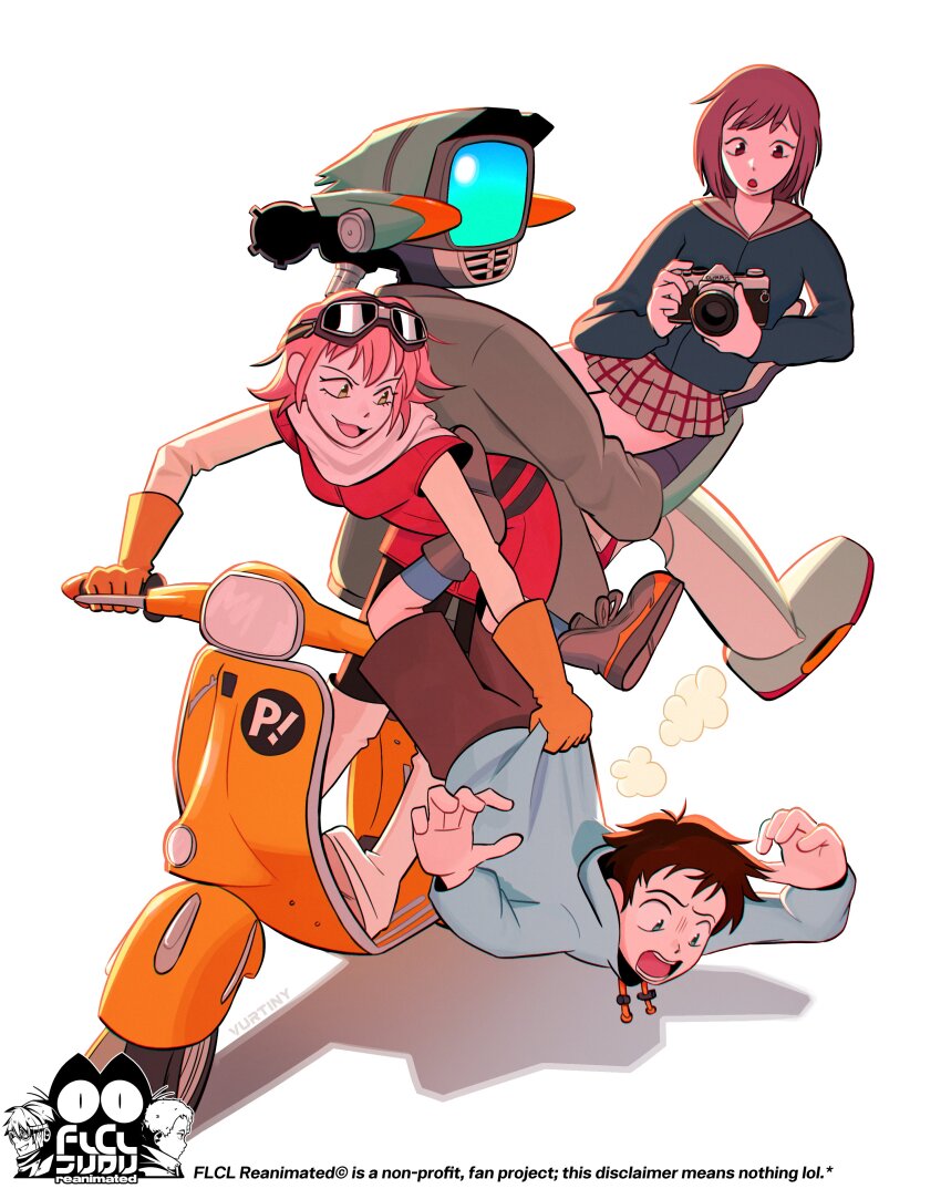 1boy 1other 2girls :d :o absurdres aiming artist_name bent_over black_leggings blue_eyes blue_jacket blue_shirt bob_cut boots breasts brown_eyes brown_footwear brown_hair brown_sailor_collar brown_shorts brown_skirt camera canti carrying carrying_person clothes_grab collared_shirt commentary constricted_pupils crt drawstring dress_shirt driving falling flcl flcl_reanimated full_body gloves grey_jacket grey_socks hands_up haruhara_haruko hashtag-only_commentary high_tops highres holding holding_camera hood hood_down jacket jacket_grab knee_boots layered_sleeves leggings logo looking_at_another looking_to_the_side medium_breasts motor_vehicle multiple_girls nandaba_naota on_vehicle open_mouth orange_gloves pink_hair plaid_clothes plaid_skirt pleated_skirt puff_of_air red_hair red_jacket robot sailor_collar samejima_mamimi scared school_uniform scooter second-party_source serafuku shadow shirt shoes short_hair shorts shouting signature simple_background sitting sitting_backwards skirt smile sneakers socks taking_picture vespa vurtiny white_background white_footwear white_shirt yellow_eyes