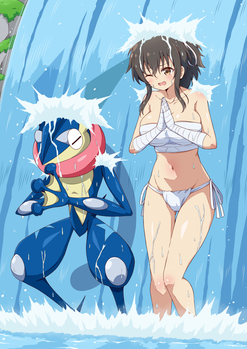 1girl absurdres asuka_(senran_kagura) bandaged_arm bandaged_fingers bandaged_hand bandages black_hair blush body_blush breasts brown_eyes budget_sarashi chest_sarashi cleavage collarbone commission crossover eggman_(ni_tamagoex) fundoshi game_freak gen_6_pokemon gluteal_fold greninja groin hair_ribbon highres japanese_clothes large_breasts long_tongue meditation moss navel nintendo one_eye_closed open_mouth outdoors own_hands_clasped own_hands_together panties pokemon pokemon_(creature) ponytail ribbon river rock sarashi senran_kagura senran_kagura_shoujo-tachi_no_shin&#039;ei shiny_skin short_hair short_ponytail side-tie_panties sidelocks skeb_commission splashing standing thigh_gap tongue tongue_scarf training underwear wading water waterfall waterfall_shower webbed_feet webbed_hands wet white_panties white_ribbon
