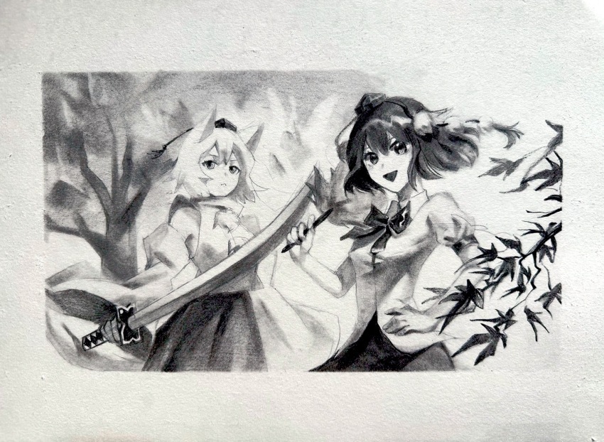 2girls animal_ears breasts charcoal_(medium) chinese_commentary commentary_request detached_sleeves greyscale hand_on_own_hip hat holding holding_sword holding_weapon inubashiri_momiji monochrome multiple_girls neck_ribbon open_mouth outdoors pom_pom_(clothes) puffy_short_sleeves puffy_sleeves ribbon shameimaru_aya shirt short_sleeves simple_background skirt sleeveless sleeveless_shirt small_breasts smile sword tokin_hat touhou traditional_media weapon white_background wolf_ears wolf_girl xinbuqing