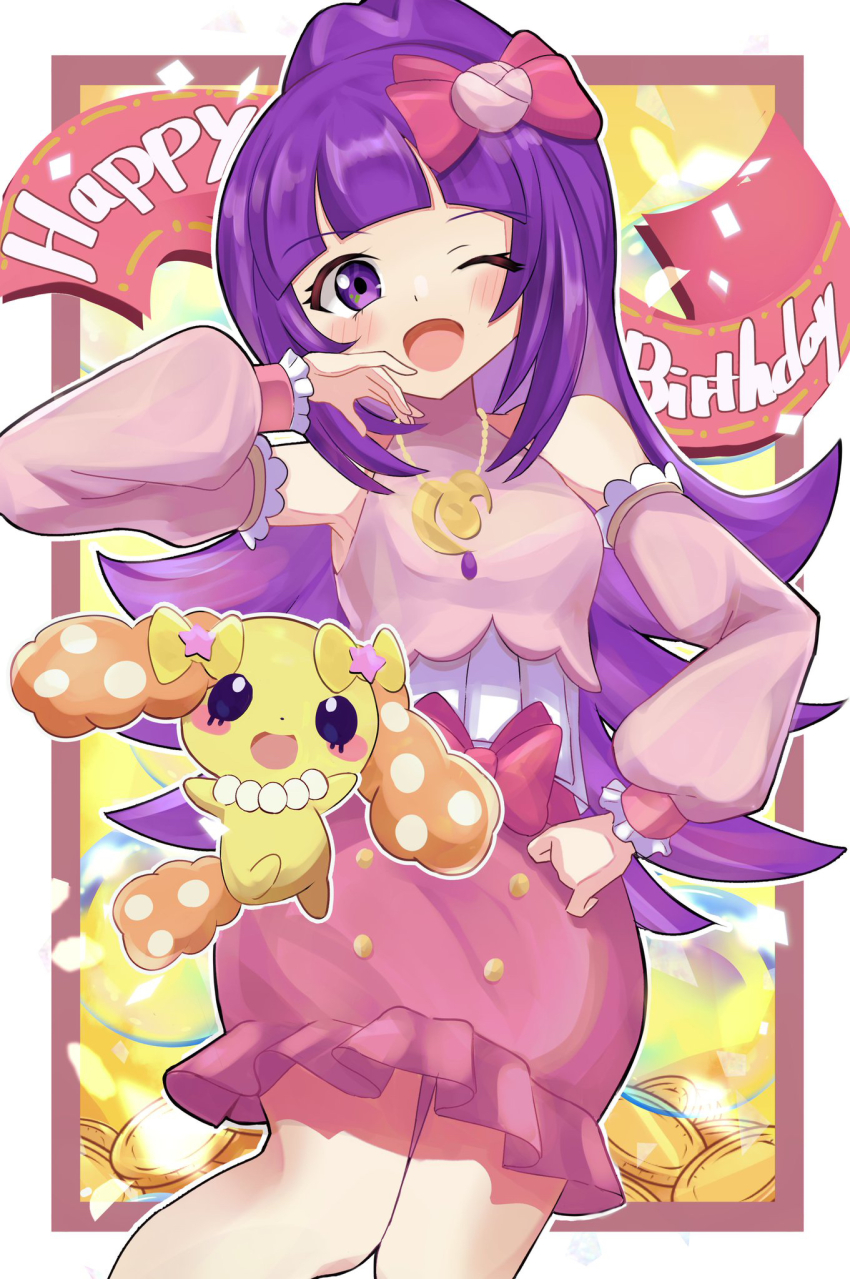 1girl ;o armpits bare_shoulders blunt_bangs blush border bow breasts bubble_skirt coin cowboy_shot detached_sleeves dot_nose english_text eyelashes floating_hair frilled_skirt frilled_sleeves frills gem gold_coin gold_necklace hair_bow hair_ornament hanazono_shuka happy happy_birthday high_ponytail highres idol_land_pripara idol_time_pripara jewelry knees long_hair long_sleeves looking_at_viewer miniskirt necklace one_eye_closed open_mouth pink_bow pink_shirt pink_skirt pink_sleeves ponytail pretty_series pripara puffy_long_sleeves puffy_sleeves purple_eyes purple_gemstone purple_hair red_border shirt sidelocks skirt sleeveless sleeveless_shirt small_breasts solo tongue umiru very_long_hair waist_bow white_border