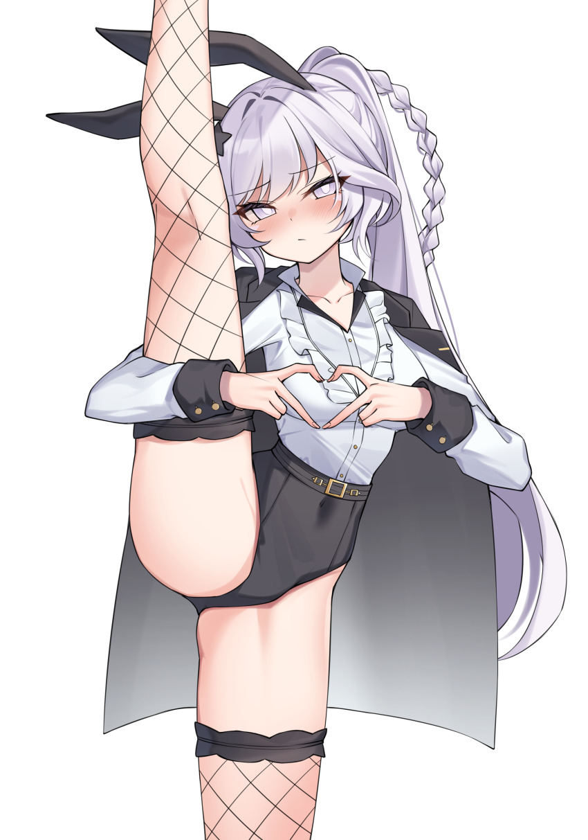 1girl absurdres animal_ears ass belt black_leotard blush braid buttons cape commission covered_navel cowboy_shot embarrassed fake_animal_ears fishnet_thighhighs fishnets frilled_shirt frills heart heart_hands highleg highleg_leotard highres leg_lift leg_up leotard long_hair long_sleeves looking_at_viewer nose_blush original ponytail rabbit_ears shirt simple_background solo split standing standing_on_one_leg standing_split thighhighs thighs very_long_hair white_background white_eyes white_hair white_shirt ziro_(zirorong)