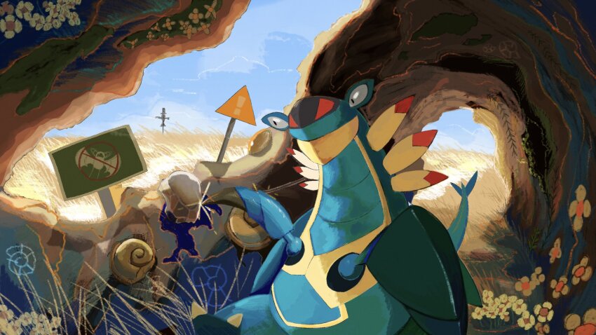 amber_(gemstone) armaldo black_eyes carapace claws feathers field flower gem gen_1_pokemon gen_3_pokemon helix_fossil highres kikkiku629 nintendo no_humans old_amber pokemon pokemon_(creature) pokemon_focus scarecrow sign solo stalk_eyes straw_(stalk) tail triangle tunnel wheat_field zubat