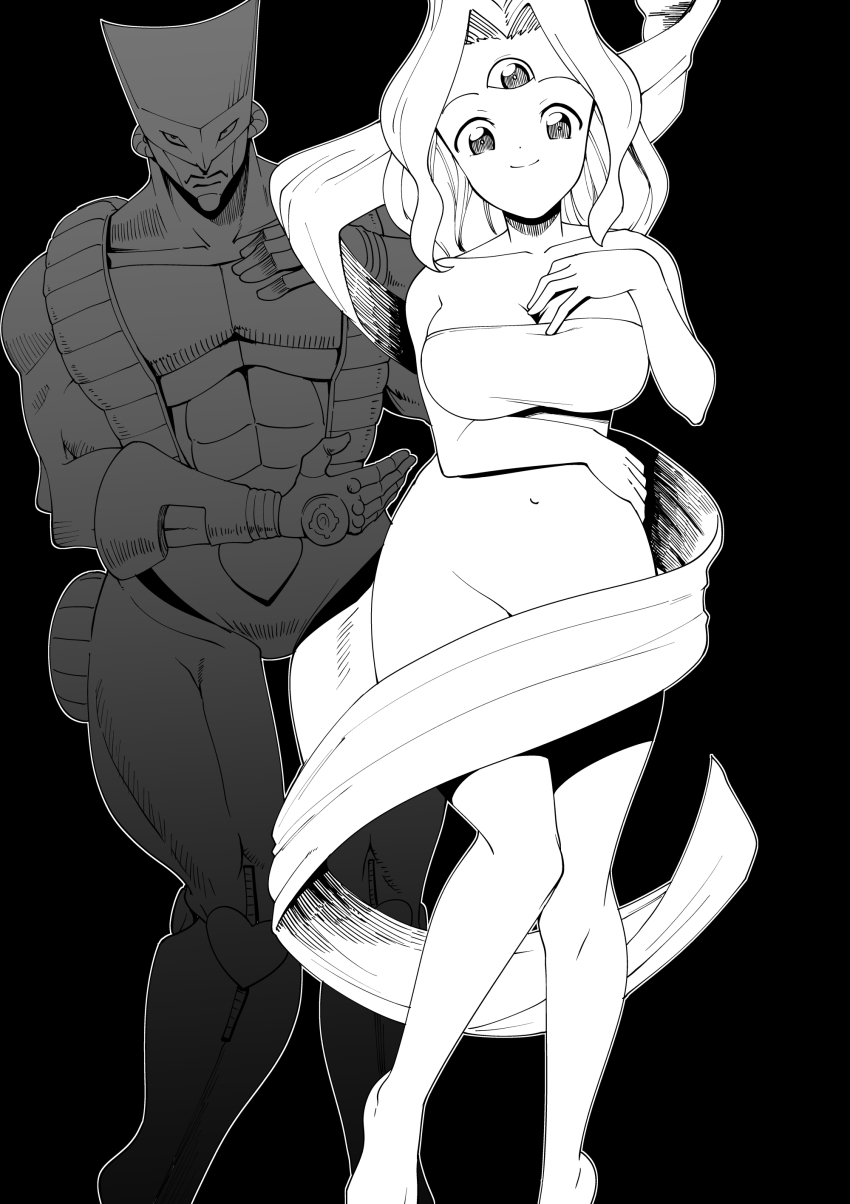1boy 1girl absurdres barefoot breasts cleavage closed_mouth crossover extra_eyes greyscale highres jojo_no_kimyou_na_bouken large_breasts long_hair looking_at_viewer magical_drop monochrome naked_ribbon name_connection navel nude ribbon simple_background smile stand_(jojo) the_world third_eye toku_sonchou world_(magical_drop)