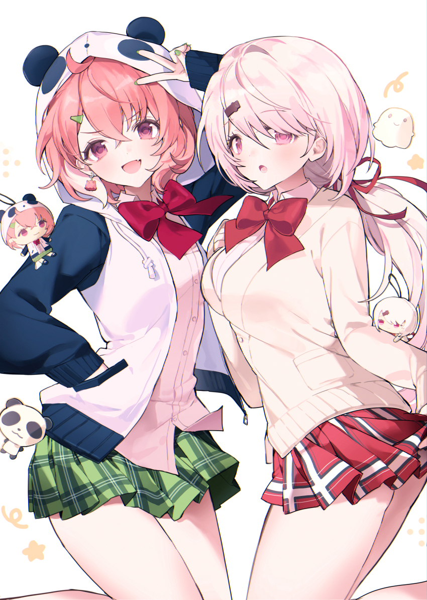 2girls absurdres animal_hood bow bowtie cardigan character_charm charm_(object) collared_shirt green_skirt hair_ornament hairclip hand_in_pocket hand_up highres hood hood_up hoodie long_hair looking_at_viewer low_ponytail miniskirt multiple_girls nijisanji panda_hood pink_eyes pink_hair ponytail ran_(v17071107) red_bow red_bowtie red_skirt sasaki_saku sasaki_saku_(1st_costume) school_uniform shiina_yuika shiina_yuika_(1st_costume) shirt short_hair simple_background skirt v virtual_youtuber white_background