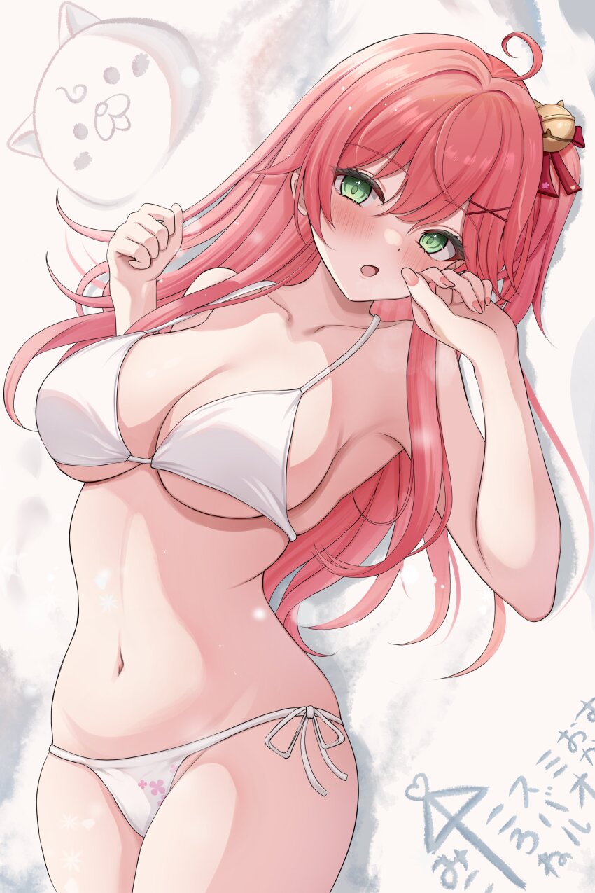 1girl 35p_(sakura_miko) 7nopi absurdres ahoge beach bell bikini blush breasts cleavage clenched_hand collarbone green_eyes groin hair_bell hair_between_eyes hair_ornament hairclip half-closed_eyes hand_on_own_face highres hololive large_breasts long_hair looking_at_viewer lying navel on_back on_ground one_side_up open_mouth pink_hair pink_nails sakura_miko sand_writing side-tie_bikini_bottom solo swimsuit thighs virtual_youtuber white_background white_bikini x_hair_ornament