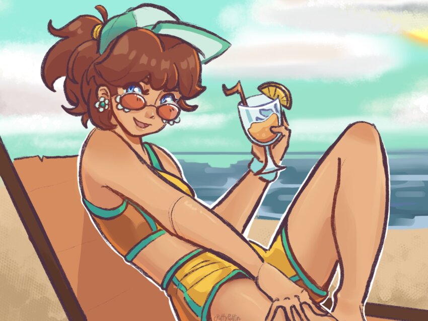 1girl blue_eyes blue_sky brown_hair day dolphin_shorts drink earrings flower_earrings food fruit hat highres jewelry lemon lemon_slice mario_(series) mario_kart mario_kart_world nintendo official_alternate_costume outdoors princess_daisy princess_daisy_(swimwear)_(mario_kart_world) puffypoffin shorts sitting sky solo sports_bra sunglasses water yellow_shorts yellow_sports_bra