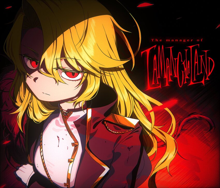 1girl black_coat blonde_hair coat don_quixote_(project_moon) feather_boa highres la_manchaland_(identity)_(project_moon) limbus_company long_hair looking_at_viewer nr6nzqrcgf60864 parted_bangs project_moon red_background red_eyes sancho_(project_moon) shirt simple_background solo upper_body white_shirt