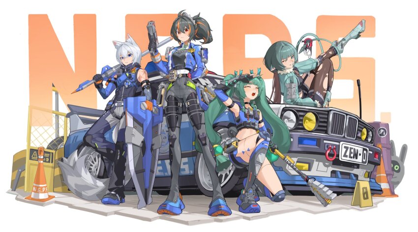 1boy 3girls android animal_ears bangboo_(zenless_zone_zero) black_hair blue_jacket car cat_boy cat_ears checkered_necktie crop_top full_body fur-trimmed_jacket fur_trim green_hair gun hairband high-waist_pants highres holding holding_gun holding_shield holding_weapon jacket long_hair metal_hairband motor_vehicle mouse_girl mouse_tail multicolored_hair multiple_girls necktie on_car orange_foxi pants pantyhose police police_uniform ponytail qingyi_(zenless_zone_zero) red_eyes red_streaks scar scar_on_arm seth_lowell shield short_hair smile streaked_hair tail torn_clothes torn_pantyhose twintails vest weapon white_hair zenless_zone_zero zhu_yuan