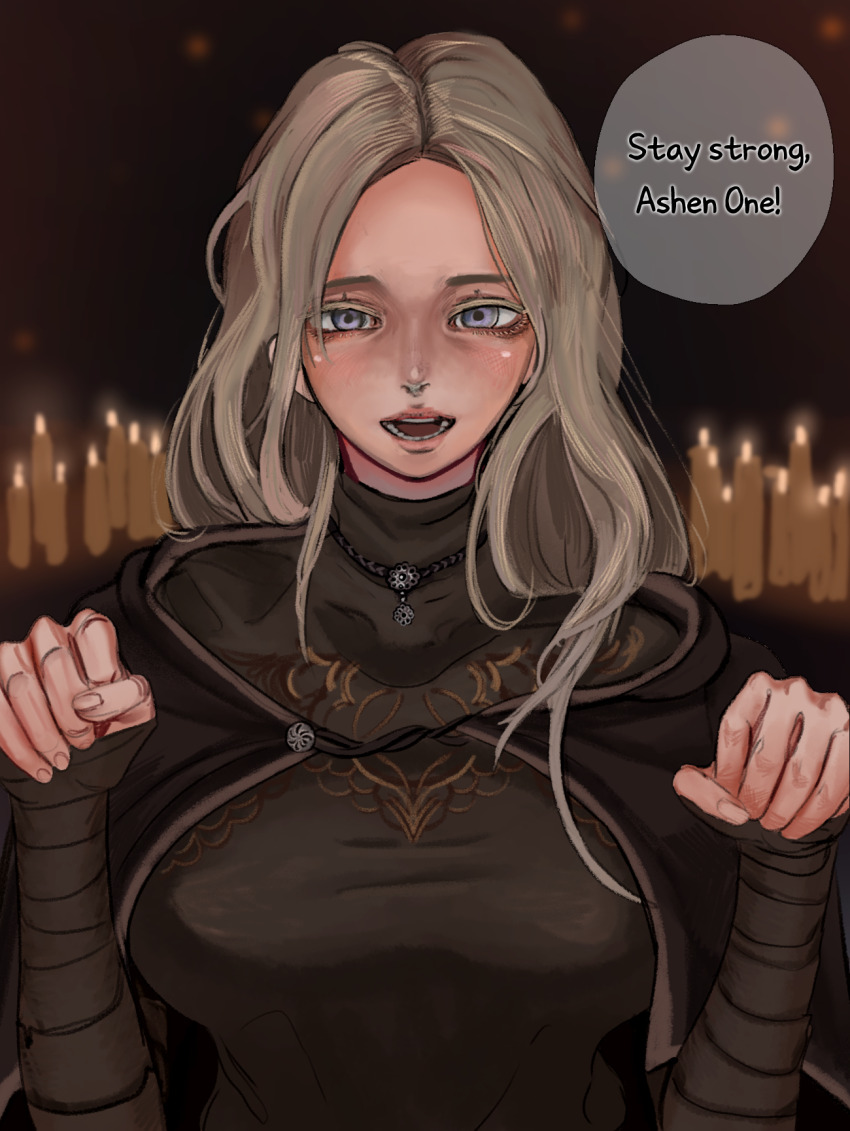 1girl black_cloak black_dress blonde_hair blush breasts cloak dark_souls_(series) dark_souls_iii dress fire_keeper forehead highres kkghost_tv large_breasts long_hair looking_at_viewer open_mouth paw_pose purple_eyes solo upper_body