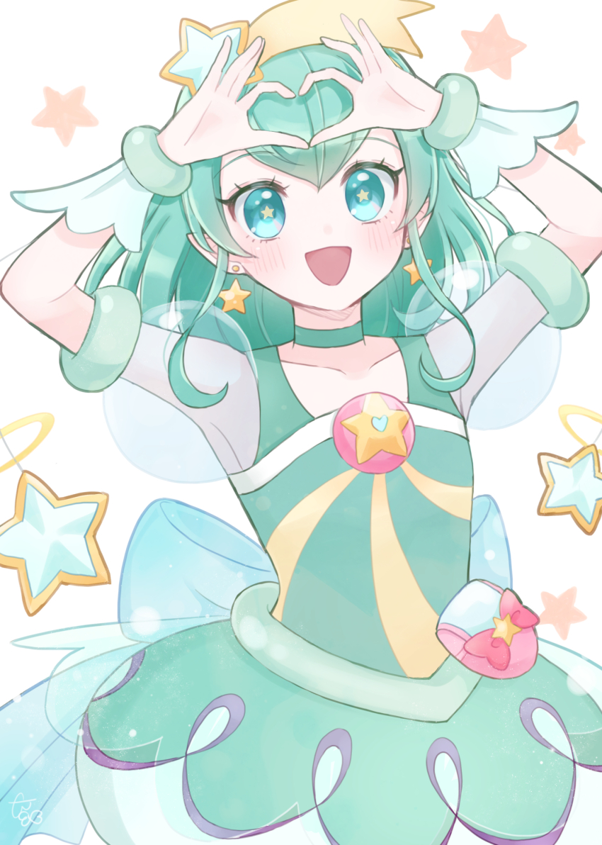 1girl anko_maccha aqua_choker aqua_dress aqua_eyes aqua_hair arms_up back_bow blue_bow bow brooch choker cure_milky dress earrings hair_ornament heart heart_hands highres jewelry looking_at_viewer magical_girl medium_hair pointy_ears pouch precure puffy_short_sleeves puffy_sleeves see-through_clothes see-through_sleeves short_dress short_sleeves solo star-shaped_pupils star_(symbol) star_brooch star_earrings star_hair_ornament star_twinkle_precure symbol-shaped_pupils