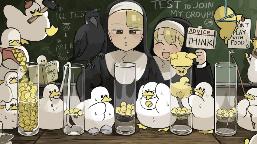 &gt;_&lt; 2girls :d :o ^_^ animal animal_on_shoulder beak_hold bendy_straw beret bib bird bird_on_shoulder blonde_hair book chalkboard chicken closed_eyes clumsy_nun_(diva) commentary corn crow cup diva_(hyxpk) drinking drinking_glass drinking_straw duck duckling english_commentary english_text fish_hook fishing_rod hammer hanging hat highres leaf leaf_on_head little_nuns_(diva) monocle mouth_hold multiple_girls nervous_sweating nun open_mouth poster_(object) reading reflection rope sign slice_of_life smile spicy_nun_(diva) spill stone stuck sweat sweatdrop top_hat traditional_nun u_u water yellow_eyes